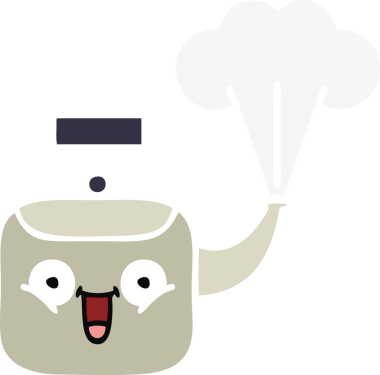 Bir insan tarafından çizilen dumanı tüten bir çaydanlığın düz renkli retro karikatürü