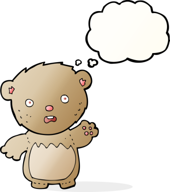 Bir insan tarafından çizilmiş düşünce balonlu endişeli oyuncak ayı.