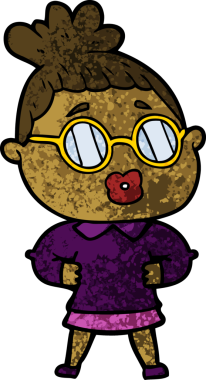 Bir insan tarafından çizilmiş gözlüklü bir karikatür kadın.