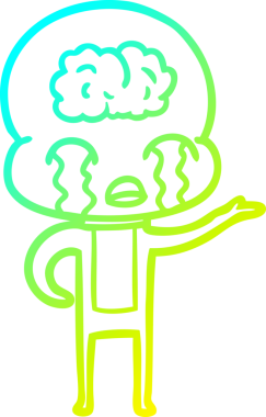 Bir çizgi filmin soğuk gradyan çizimi. Bir insan tarafından çizilmiş ağlayan büyük beyin uzaylısı.