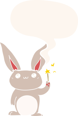 Konuşma baloncuğu olan sevimli çizgi film tavşanı insan tarafından çizilmiş.