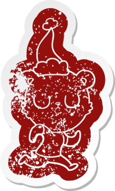 Huzurlu, tuhaf çizgi film. Koşan bir ayının çıkartması. Bir insan tarafından çizilmiş Noel Baba şapkası.