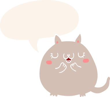 bir insan tarafından çizilmiş, konuşma baloncuklu sevimli bir kedi.