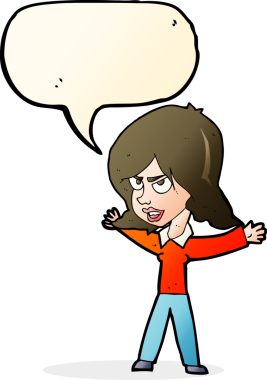 Bir insan tarafından çizilmiş konuşma balonuyla hareket eden karikatür kadın.