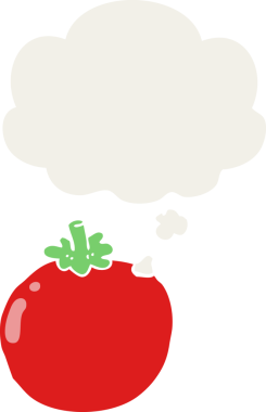 Düşünce baloncuklu karikatür domatesi insan tarafından çizilmiş.