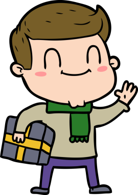 Bir insan tarafından çizilmiş Noel hediyesi olan karikatür dostu bir adam.