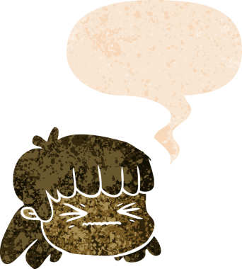 Bir insan tarafından çizilmiş, grunge 'de konuşma baloncuğu olan karikatür kadın yüzü.