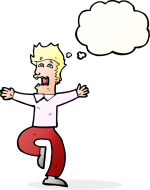 Bir insan tarafından çizilmiş düşünce baloncuğuyla dehşete düşmüş bir adam.