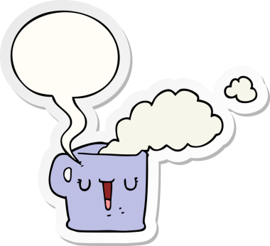 Bir insan tarafından çizilmiş konuşma balonu çıkartmalı bir fincan sıcak kahve.