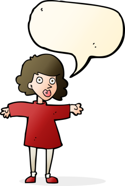 Bir insan tarafından çizilmiş konuşma balonu olan sinirli bir karikatür kadını.