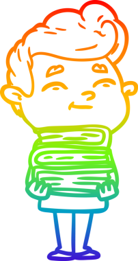 Gökkuşağı gradyan çizimi mutlu bir çizgi film adamı bir insan tarafından çizilmiş yeni kitap yığınıyla