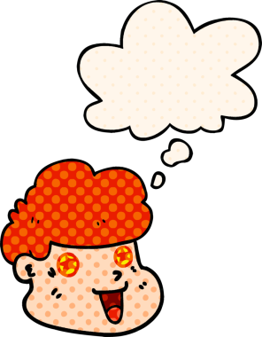 Çizgi roman tarzında bir insan tarafından çizilmiş düşünce balonlu çizgi film çocuğunun yüzü.