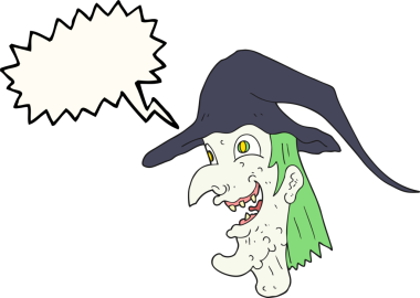 Bir insan tarafından çizilmiş serbest konuşma balonu karikatürü gülen cadı.