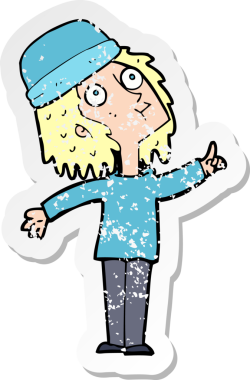 Bir insan tarafından çizilmiş kış şapkası giyen bir karikatür kadının gerilimli çıkartması.