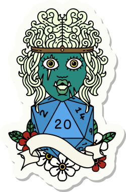 Bir insan tarafından çizilmiş 20 zarlı yarı ork barbar bir karakterin çıkartması.