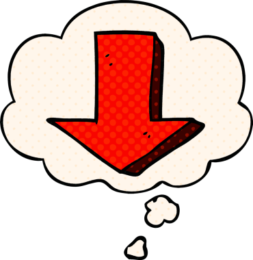 Bir insan tarafından çizilmiş çizgi roman tarzında düşünce baloncuklu ok gösteren çizgi film.