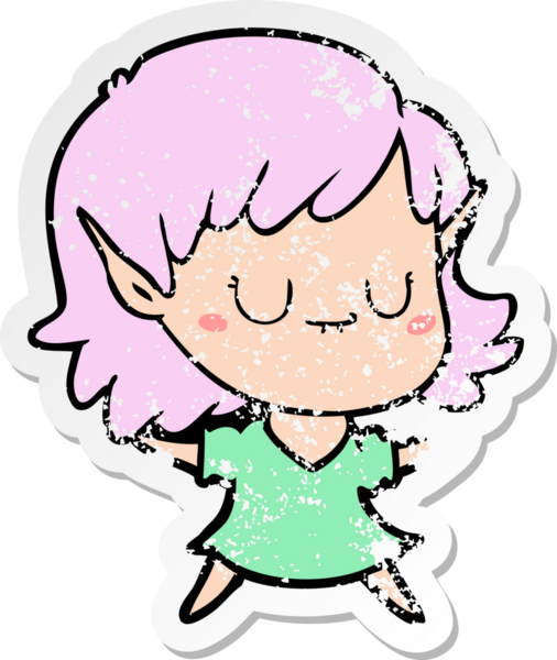 Bir insan tarafından çizilmiş mutlu bir elf kızının sıkıntılı çıkartması.