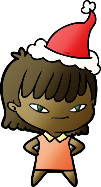 Bir insan tarafından çizilmiş Noel Baba şapkası giymiş bir kadının el çizimi karikatürü.