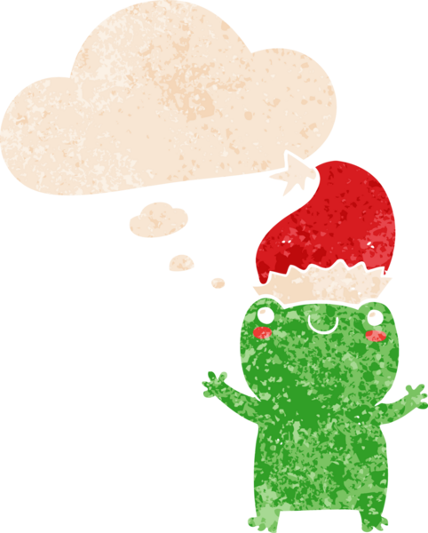 Hoş noel kurbağası. Düşünce baloncuğu ve grunge dertli retro stili bir insan tarafından çizilmiş.