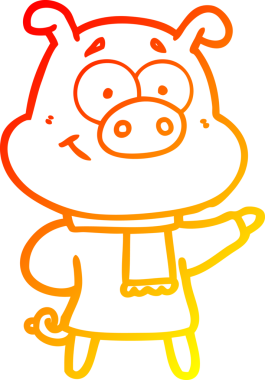 Bir insan tarafından çizilmiş kalın giysiler giyen mutlu bir domuzun çizgi çizimi.