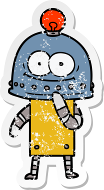 Bir insan tarafından çizilmiş ampullü mutlu bir robot çıkartması.