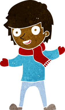 Bir insan tarafından çizilmiş kışlık giysiler içindeki çizgi film çocuğu.