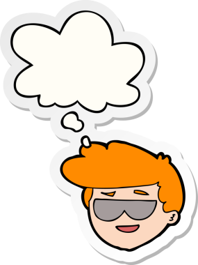 Düşünce balonlu güneş gözlüğü takan çizgi film çocuğu bir insan tarafından çizilmiş çıkartma gibi.