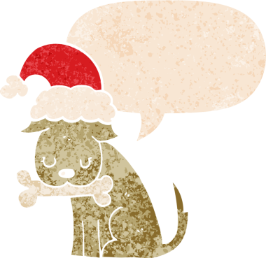 Grunge 'da konuşma baloncuğu olan sevimli noel köpeği bir insan tarafından çizilmiş kederli retro dokuma tarzı