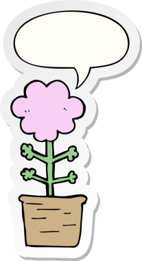 Bir insan tarafından çizilmiş baloncuk çıkartmalı şirin bir karikatür çiçeği.