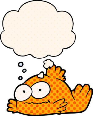 Bir insan tarafından çizilmiş çizgi roman tarzında düşünce baloncuğu olan Japon balığı çizgi filmi.