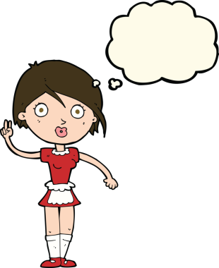 Çizgi film garsonu bir insan tarafından çizilmiş düşünce balonuyla el hareketi yapıyor.