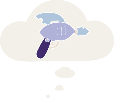 Düşünce baloncuklu çizgi film ışın tabancası insan tarafından çizilmiş.