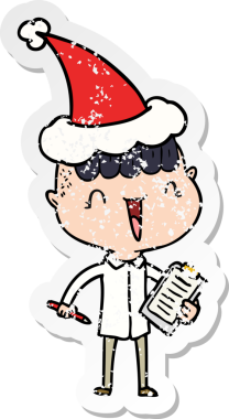 Bir insan tarafından çizilmiş Noel Baba şapkası giymiş mutlu bir çocuğun el çizimi çıkartması.