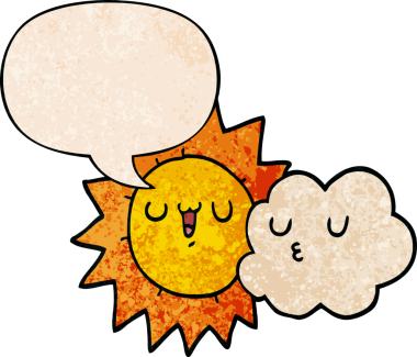 Bir insan tarafından çizilmiş, eski dokularda konuşma baloncuğu olan güneş ve bulut çizgi filmi.