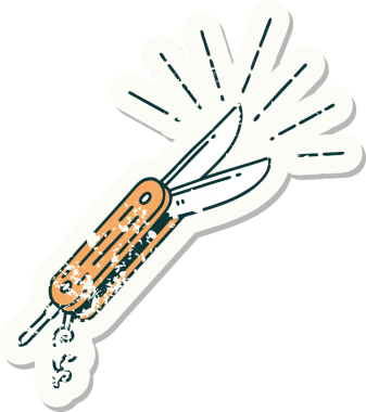 Bir insanın çizdiği eski dövme stili katlama bıçağının eski bir çıkartması.