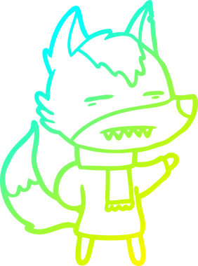 Bir insan tarafından çizilmiş kışlık giysiler içindeki bir kurt çizgi çizimi.