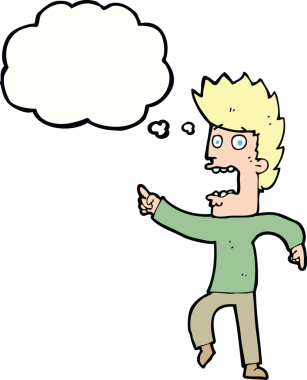 Bir insan tarafından çizilmiş düşünce baloncuğuyla dehşete düşmüş bir adam.