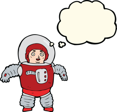 Bir insan tarafından çizilmiş düşünce balonlu bir uzay adamı.