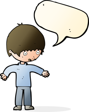 Bir insan tarafından çizilmiş konuşma balonu olan kafası karışmış bir çocuk.