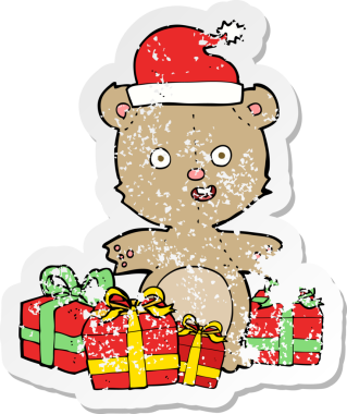 Bir insan tarafından çizilmiş bir karikatür Noel oyuncak ayısının gerilimli yapıştırması.