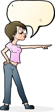 Bir insan tarafından çizilmiş bir konuşma balonuyla işaret eden çizgi film kadını.