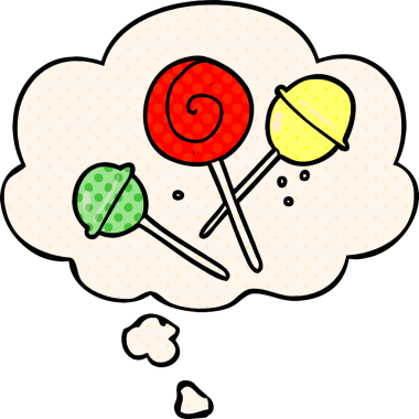 Çizgi roman tarzında bir insan tarafından çizilmiş düşünce balonlu çizgi film lolipopu.