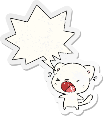 Tatlı çizgi film kedisi konuşma baloncuğuyla ağlıyor. Bir insan tarafından çizilmiş sıkıntılı eski bir çıkartma.