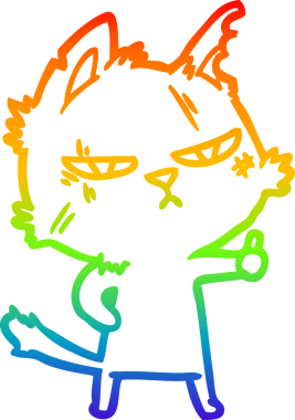 Sert bir çizgi film kedisinin çizdiği gökkuşağı gradyanı bir insan tarafından çizilmiş başparmak işareti.