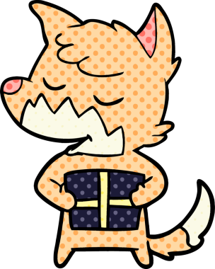 Bir insan tarafından çizilmiş Noel hediyesi olan dost canlısı çizgi film tilkisi.