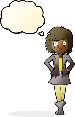 Bir insan tarafından çizilmiş düşünce balonlu ceketli kız.