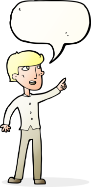 Bir insan tarafından çizilmiş bir konuşma balonuyla işaret eden çizgi film adamı.