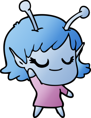 Bir insan tarafından çizilmiş gülümseyen uzaylı kız çizgi filmi.