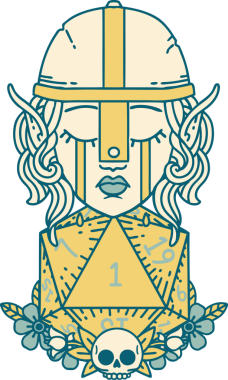 Retro Tattoo Tarzı Üzgün Elf Savaşçısı Karakteri Bir insan tarafından çizilmiş d20 ruloyla