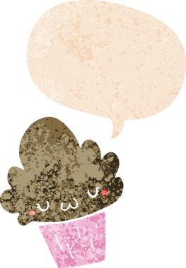 Yüzü konuşma baloncuğu olan, grunge 'da sıkıntılı, desenli bir insan tarafından çizilmiş bir kek.